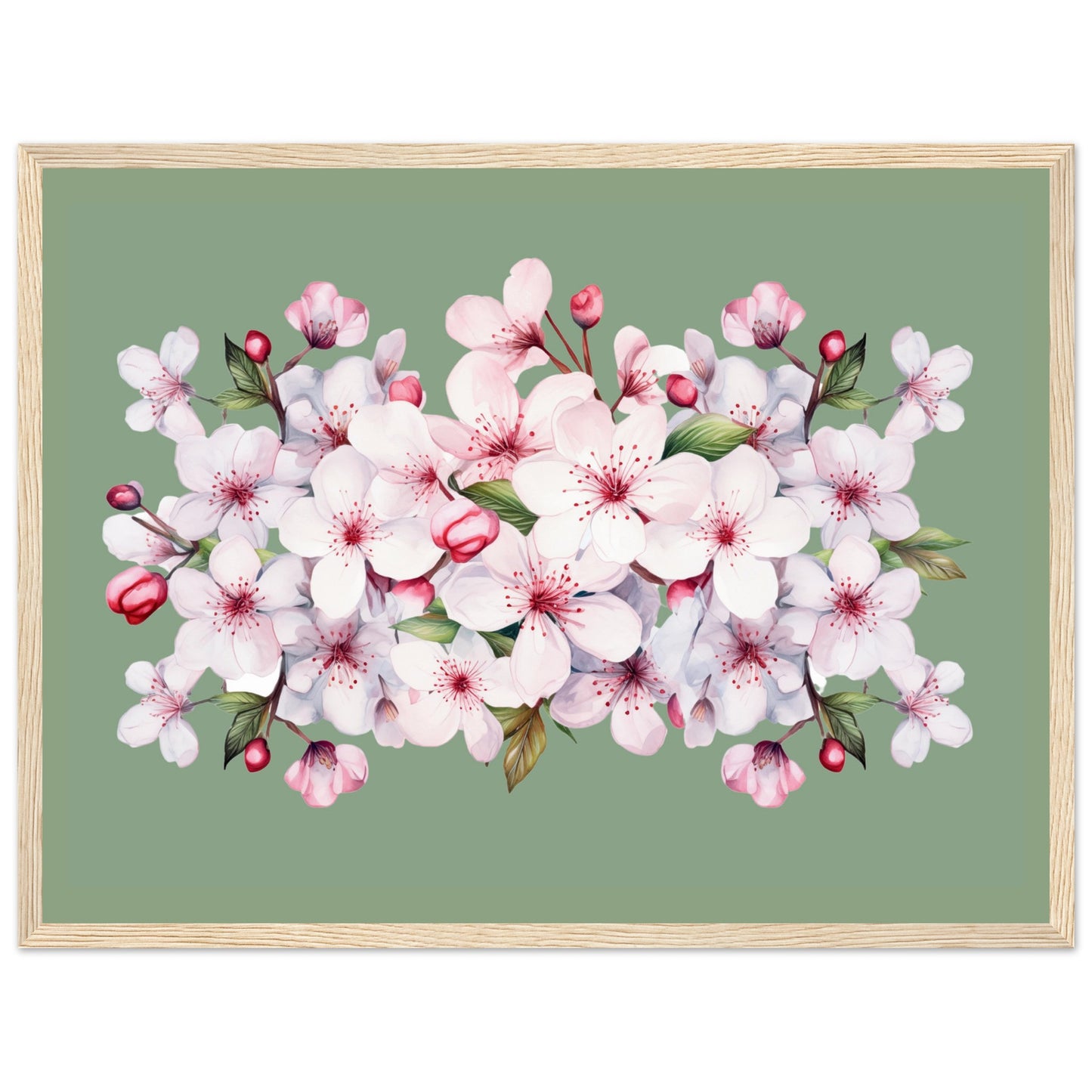 CHERRY BLOSSOMS No. 3 in GREEN Background - Premium Matte Paper Wooden Framed Poster