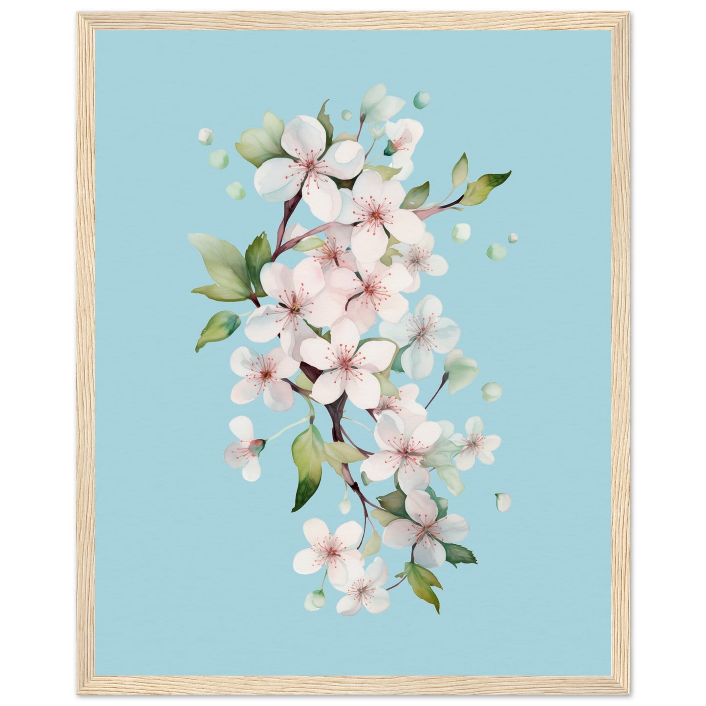 CHERRY BLOSSOMS No. 1 in BLUE BACKGROUND - in Museum-Quality Matte Paper Wooden Framed Poster