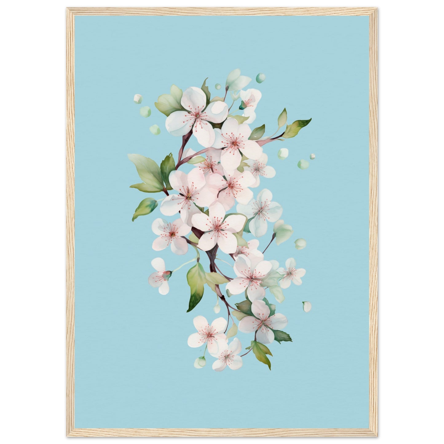 CHERRY BLOSSOMS No. 1 in BLUE BACKGROUND - in Museum-Quality Matte Paper Wooden Framed Poster